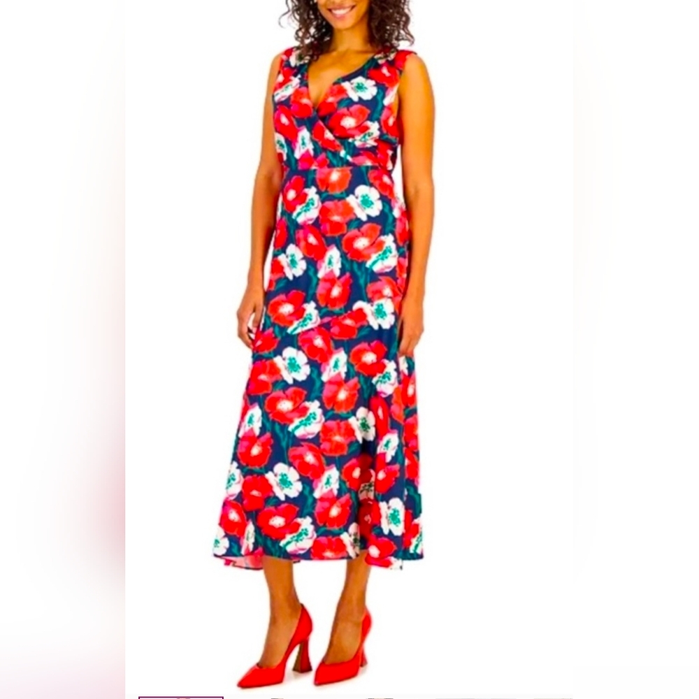 Sam Edelman Floral Red & White Poppy Midi Dress Silky Crossover Front Size 10